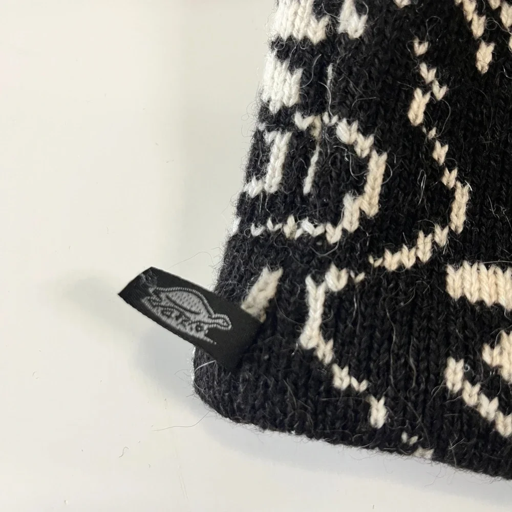 Turtle Fur Beanie Black White Floral Wool Blend Fleece Lined Tassel Knit Hat